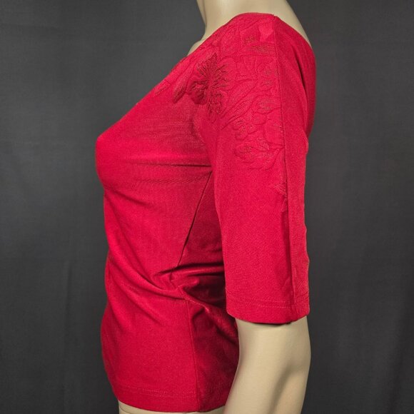 Vintage 90s Y2K Red One Shoulder Top Floral Design Size M Stretch Short Sleeve - Picture 6 of 9